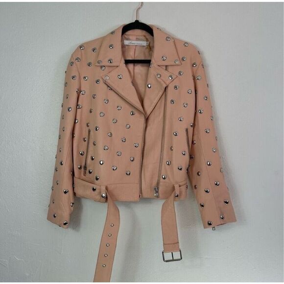 Lovers + friends pink studded heart moto leather jacket size S - Picture 4 of 16